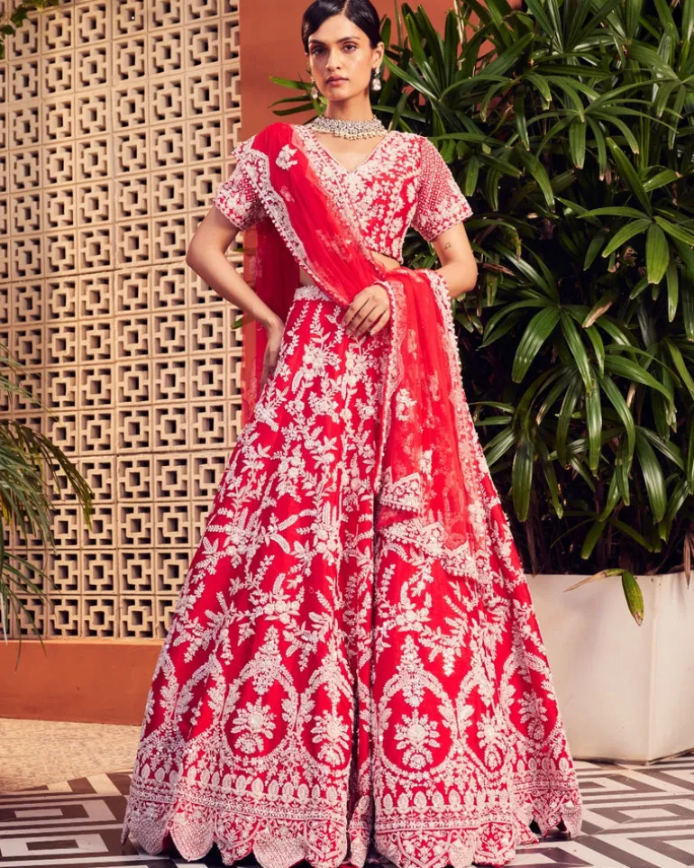 Red Slash Lehenga Set