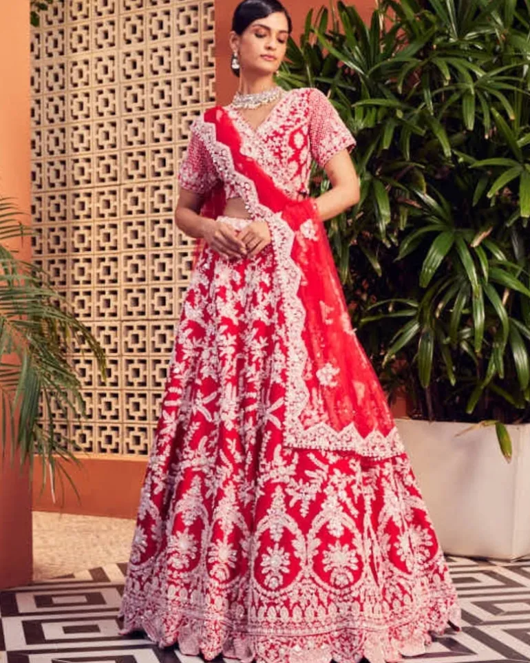 Red Slash Lehenga Set