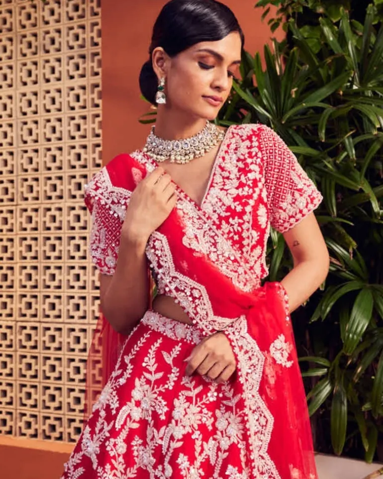 Red Slash Lehenga Set