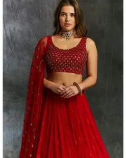 Red Thread work Lehenga With Embellished Choli