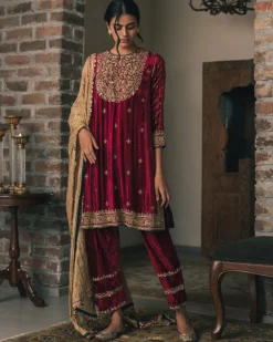 Red Three Kali Velvet Kurta Set