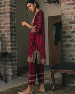 Red Three Kali Velvet Kurta Set