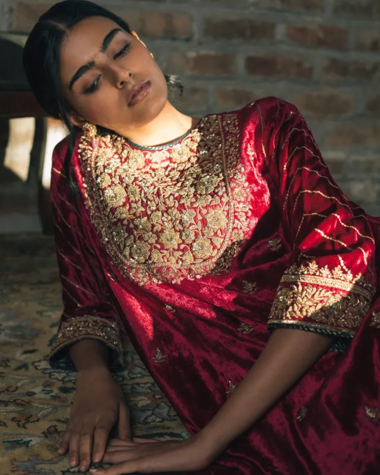 Red Three Kali Velvet Kurta Set