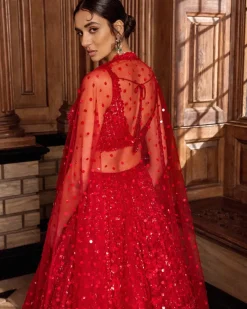 Red Tonal Floral Sequin Lehenga Set