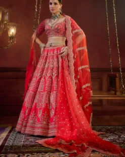 Red Wave Floral Lehenga Set