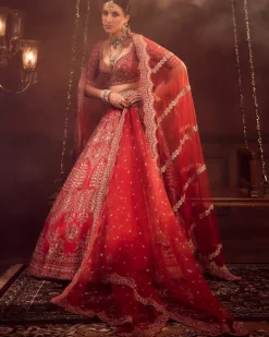Red Wave Floral Lehenga Set