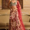 Red Zig-Zag Butta Print Embroidered Blouse And Lehenga Set