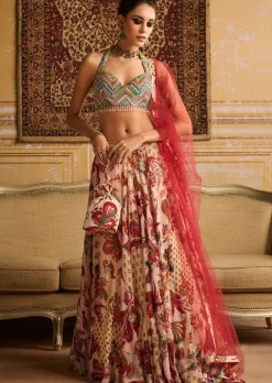 Red Zig-Zag Butta Print Embroidered Blouse And Lehenga Set