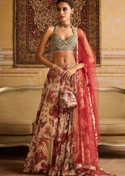 Red Zig-Zag Butta Print Embroidered Blouse And Lehenga Set