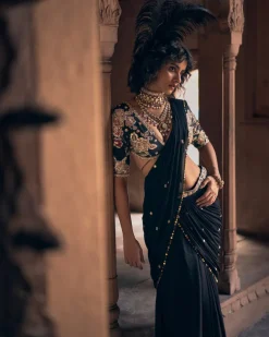 Romantic Black Pre- Draped Cocktail Sari Set