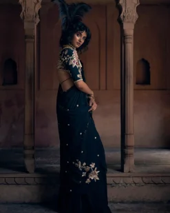 Romantic Black Pre- Draped Cocktail Sari Set