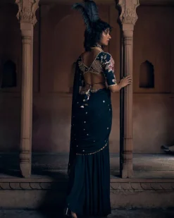 Romantic Black Pre- Draped Cocktail Sari Set