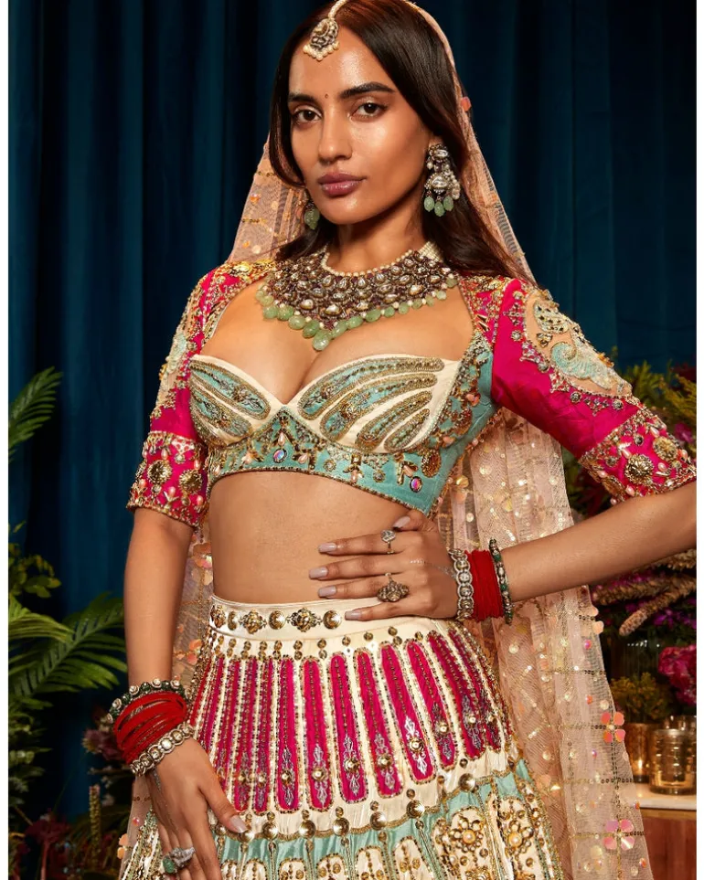 Rose Appliqués of Red, Teal, Ivory Silks Lehenga Set
