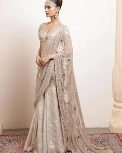 Rose Gold Silk Tissue Godet Sari Set