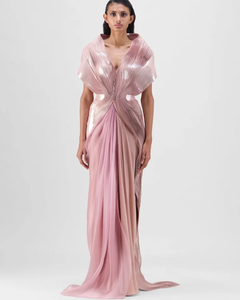 Rose Metallic Micro Pleated Structured Gown