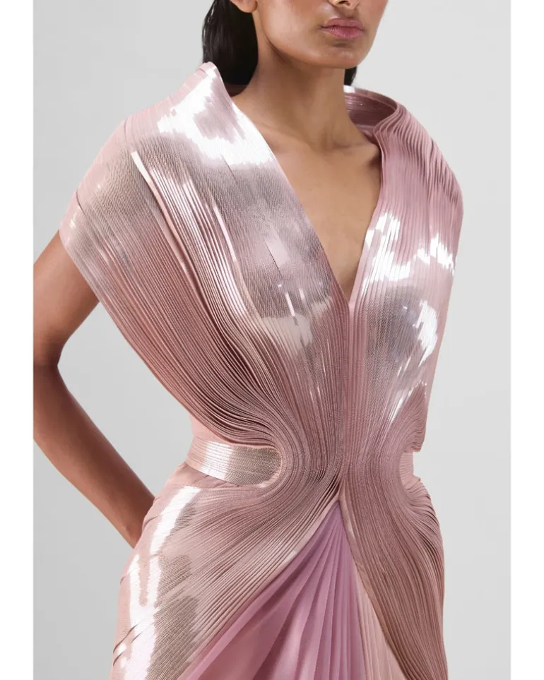 Rose Metallic Micro Pleated Structured Gown