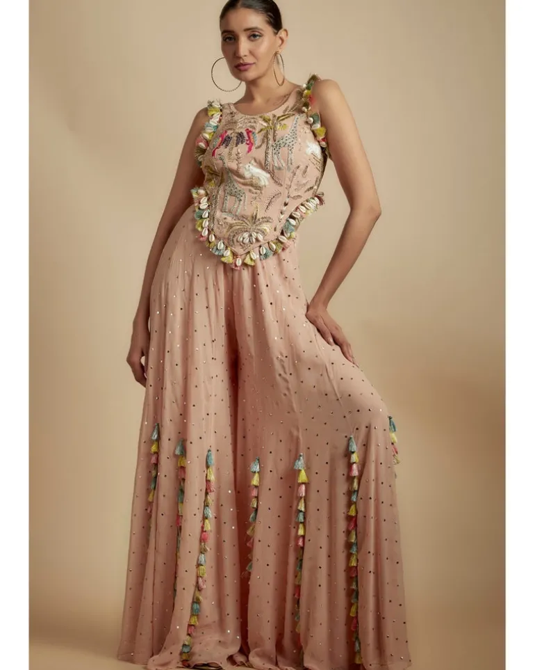 Rose Pink Embroidered Back Tie-Up Choli With Sharara Set