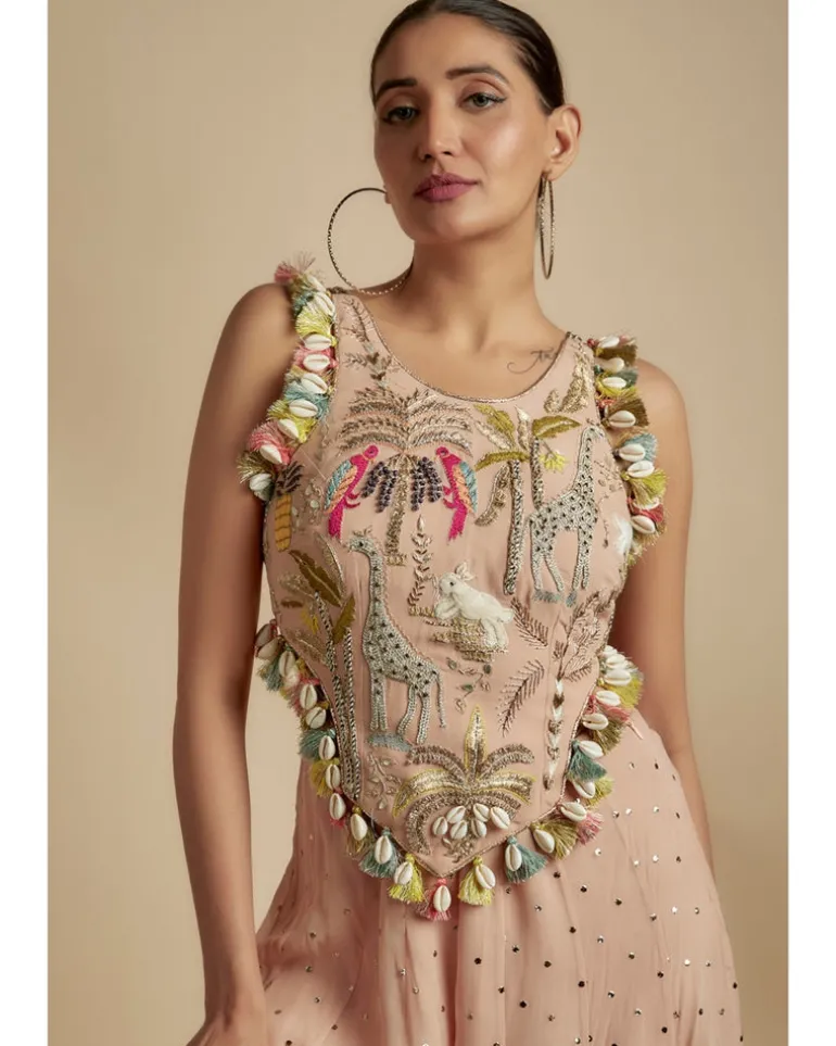 Rose Pink Embroidered Back Tie-Up Choli With Sharara Set