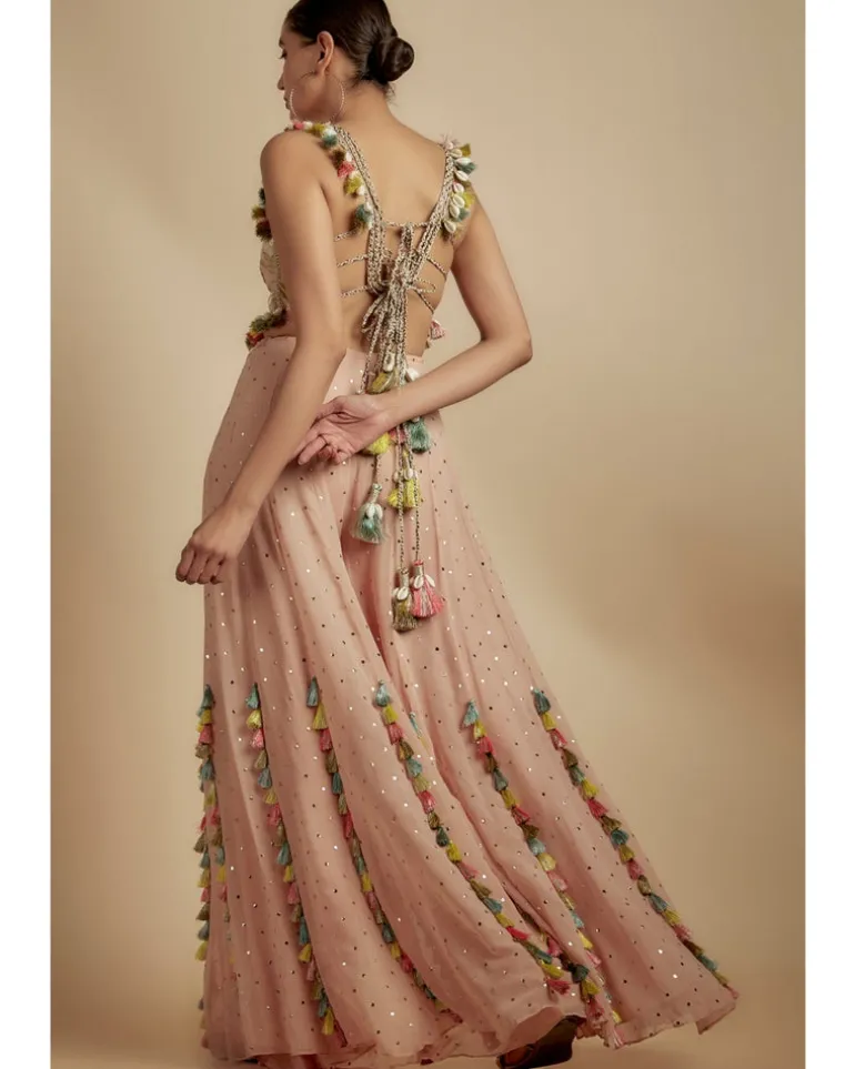 Rose Pink Embroidered Back Tie-Up Choli With Sharara Set