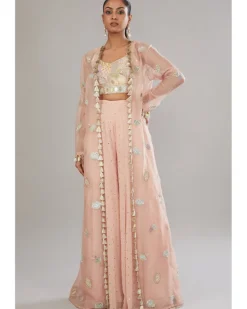 Rose Pink Embroidered Bustier With Embroidered Jacket And Sharara Set