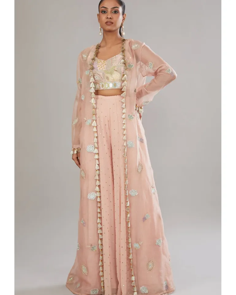 Rose Pink Embroidered Bustier With Embroidered Jacket And Sharara Set