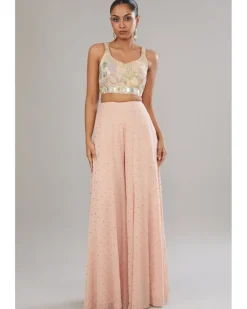 Rose Pink Embroidered Bustier With Embroidered Jacket And Sharara Set