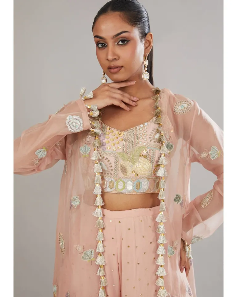 Rose Pink Embroidered Bustier With Embroidered Jacket And Sharara Set