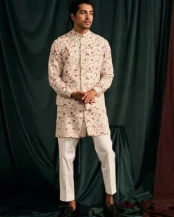 Rosewood Wisteria Cotton Kurta With Cream Pajama Set