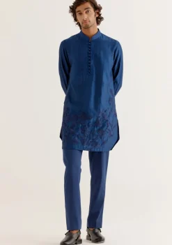 Royal Blue Floral Embroidered Chanderi Short Kurta Set
