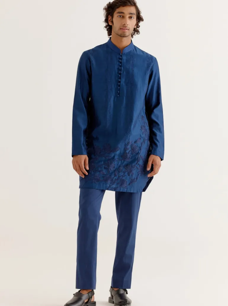 Royal Blue Floral Embroidered Chanderi Short Kurta Set