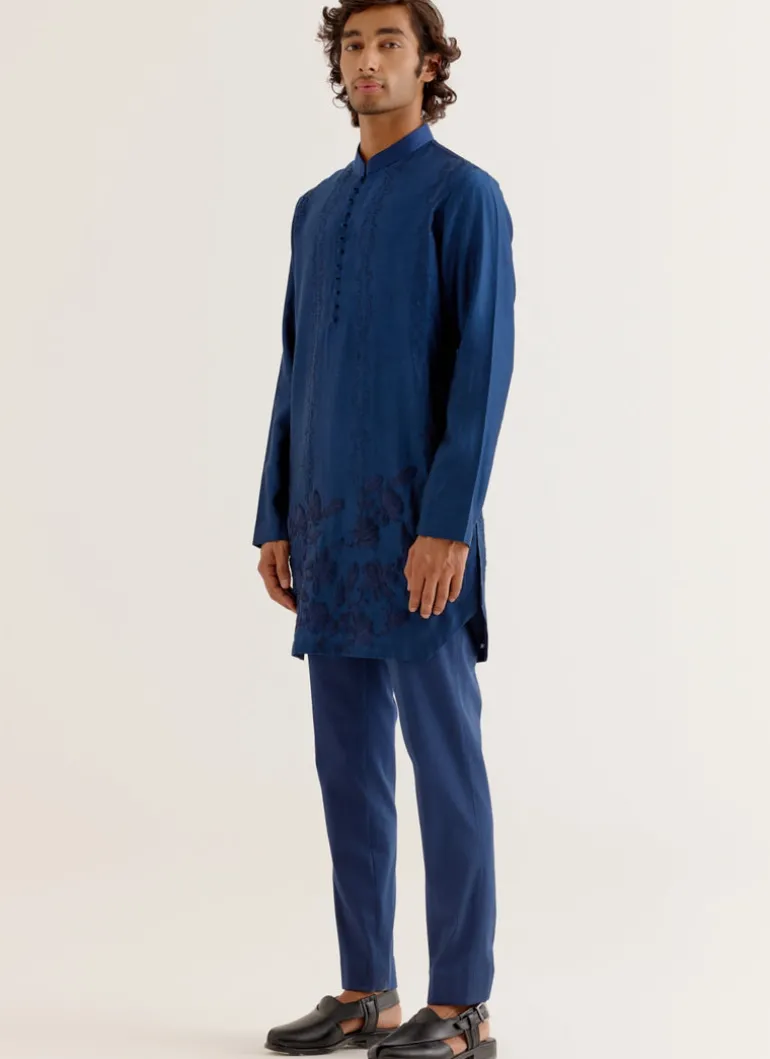 Royal Blue Floral Embroidered Chanderi Short Kurta Set