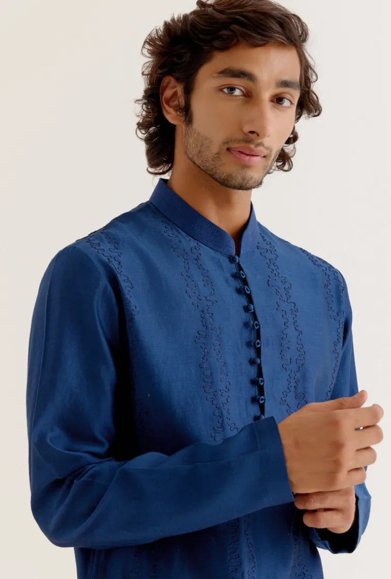 Royal Blue Floral Embroidered Chanderi Short Kurta Set