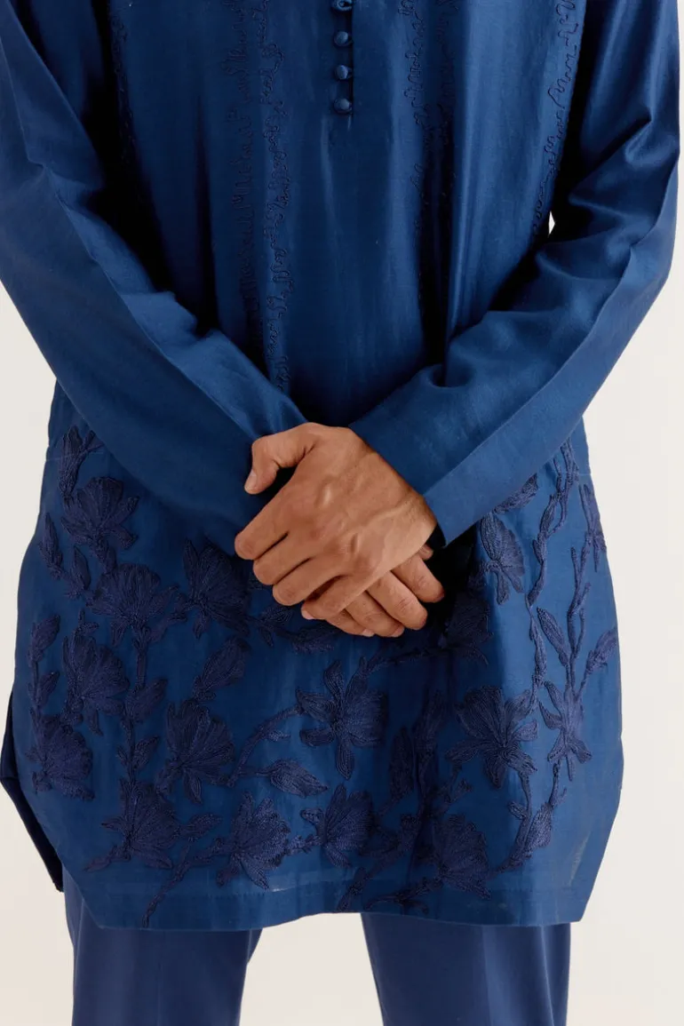 Royal Blue Floral Embroidered Chanderi Short Kurta Set