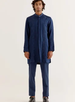Royal Blue Silk Satin Front-Open Kurta Set
