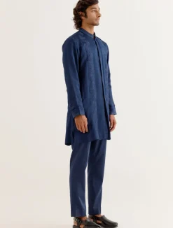 Royal Blue Silk Satin Front-Open Kurta Set