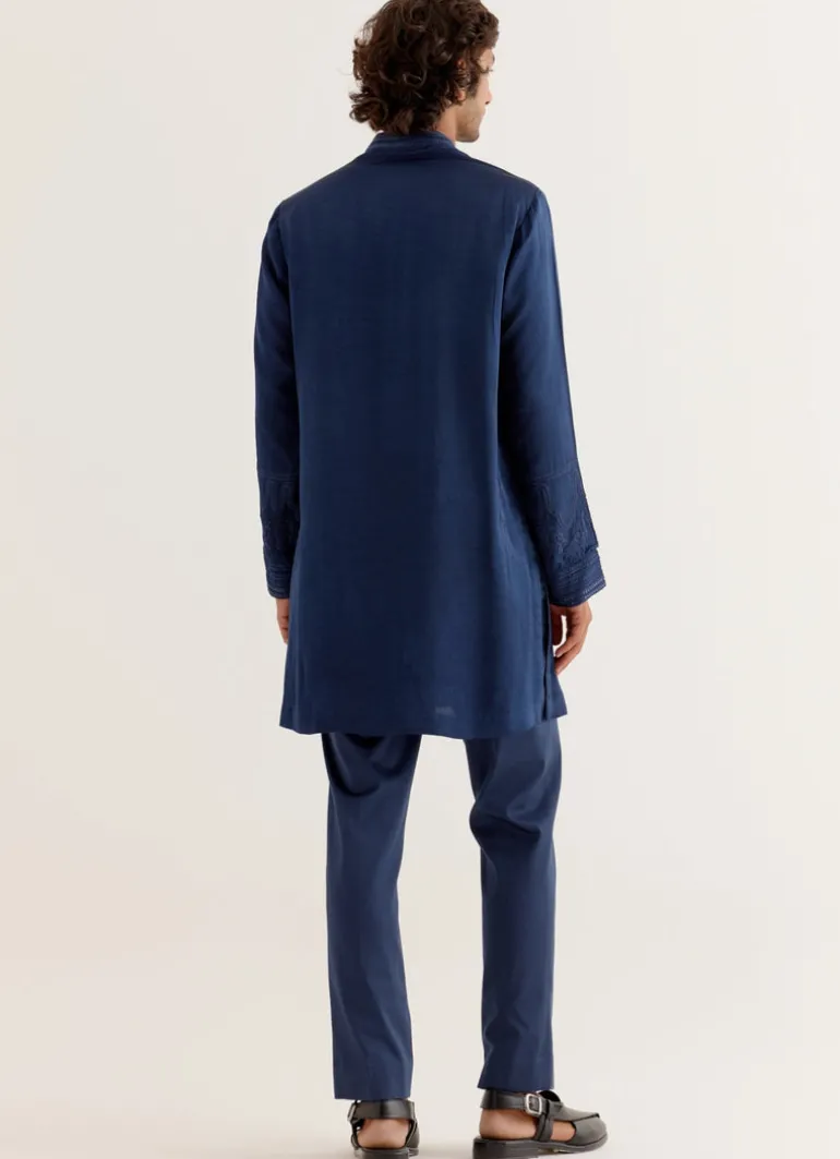 Royal Blue Silk Satin Front-Open Kurta Set