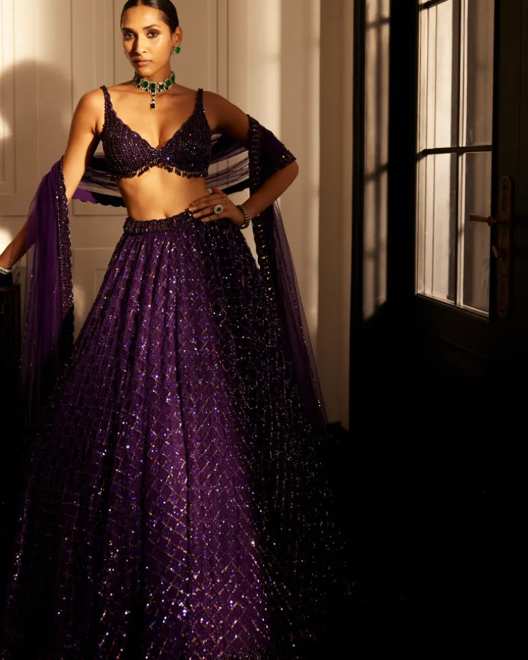Royalty Purple Crystal Embroidered Lehenga Set