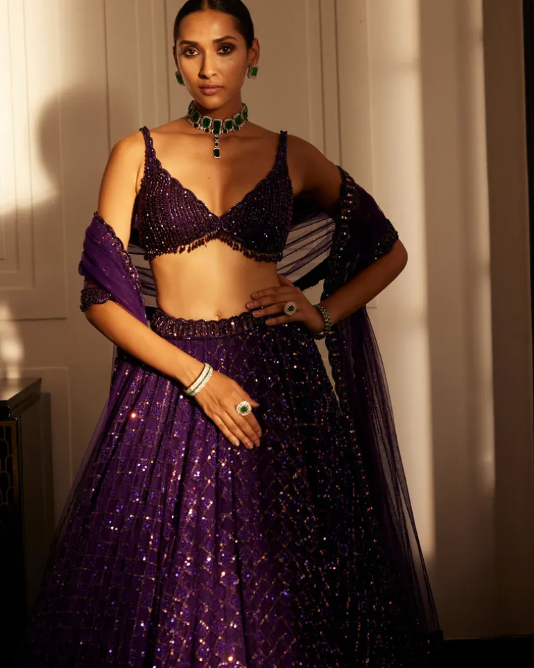 Royalty Purple Crystal Embroidered Lehenga Set
