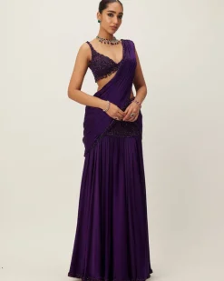 Royalty Purple Pre Draped Crystal Beaded Sari Set