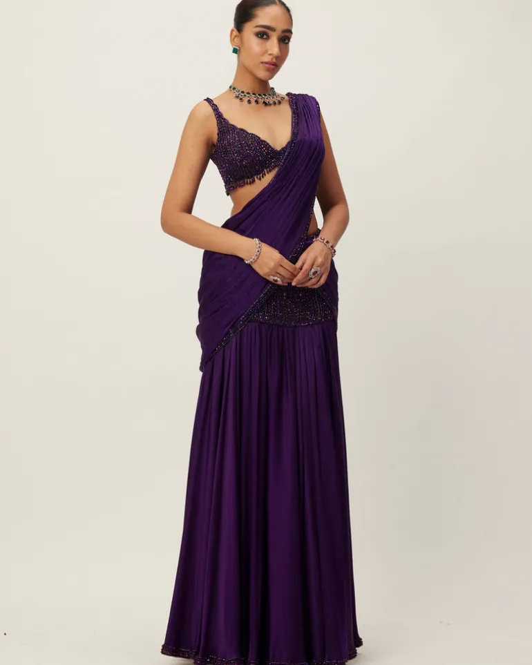 Royalty Purple Pre Draped Crystal Beaded Sari Set