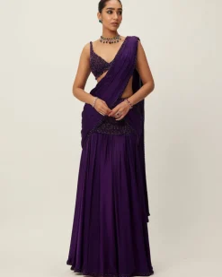 Royalty Purple Pre Draped Crystal Beaded Sari Set