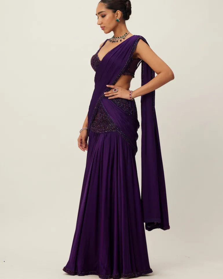Royalty Purple Pre Draped Crystal Beaded Sari Set