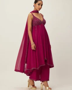 Ruby Red Crystal Embellished Kurta Set