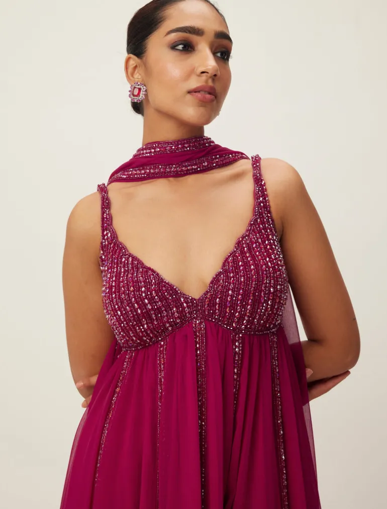 Ruby Red Crystal Embellished Kurta Set