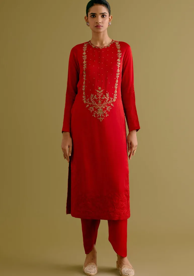 Ruby Red Dori And Sequins Embroidered Kurta And Dhoti Set
