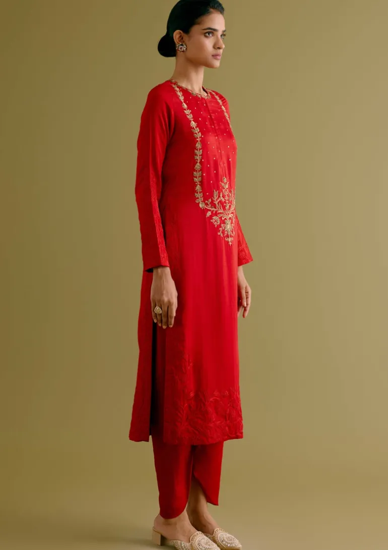 Ruby Red Dori And Sequins Embroidered Kurta And Dhoti Set
