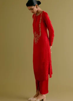 Ruby Red Dori And Sequins Embroidered Kurta And Dhoti Set