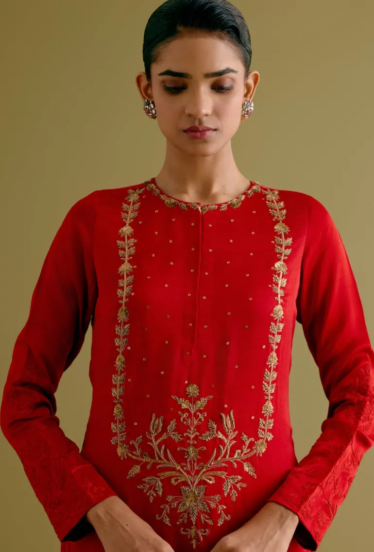 Ruby Red Dori And Sequins Embroidered Kurta And Dhoti Set