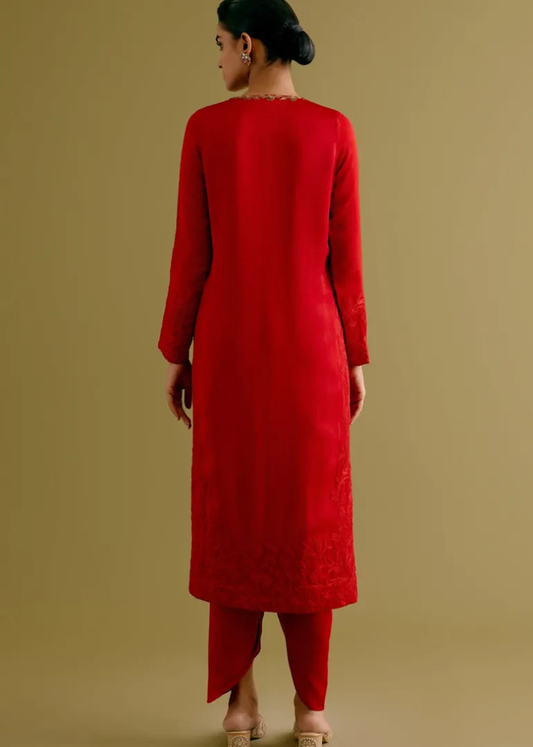Ruby Red Dori And Sequins Embroidered Kurta And Dhoti Set