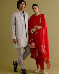Ruby Red Dori And Sequins Embroidered Kurta And Dhoti Set